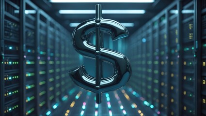 Graphic showing a dollar sign above the server room. Digitally generated concept illustrating commerce, financial aspects, connections, and digital interfaces.