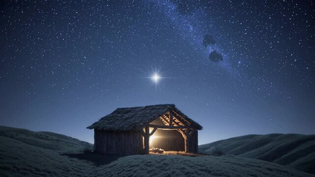 The Holy Star of Bethlehem brightly shines over the sacred manger of Jesus Christ's birth, depicting the iconic Christmas Nativity scene against a backdrop of a celestial starry sky.