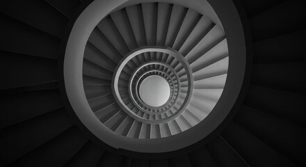 Fototapeta premium Striking monochrome image shows a spiral staircase from directly below, creating a hypnotic effect.
