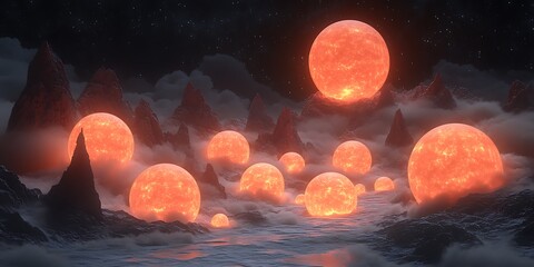 Fiery orbs hover over a misty mountain range