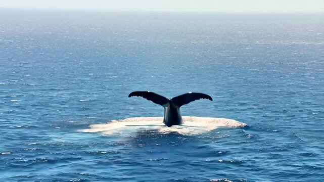 Majestic whale fluke diving deep into the ocean's vast expanse, creating white water spray under the bright sunlight in an aquatic marine environment.