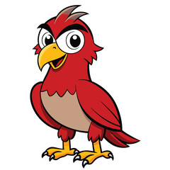 Cartoon scarlet bird stands proudly, displaying its bright plumage and feathery details against white