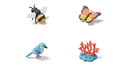 Fototapeta premium Clay Figures of Bee Butterfly Bird and Coral on White Background