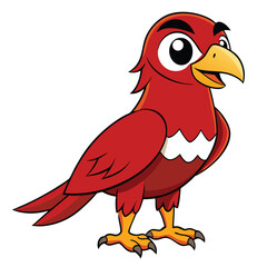 A bright red bird with yellow beak, legs, and feet stands smiling