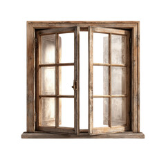 Obraz premium Vintage wooden window with open panes and aged glass, rustic interior design element, natural light source, traditional window frame for homes and cabins