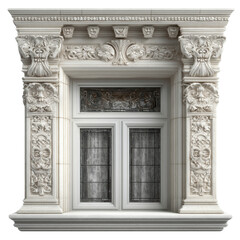 Obraz premium Ornate classical window with detailed decorative moldings and intricate carvings on an elegant historic building facade with a decorative l and elaborate cornice