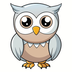 A cute snowy owl cartoon character stands with adorable eyes and orange beak
