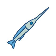 Needlefish illustration in blue tones on black background