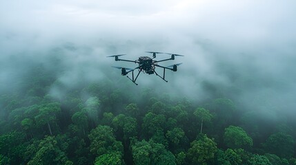 Fototapeta premium Drone flying above misty rainforest canopy.