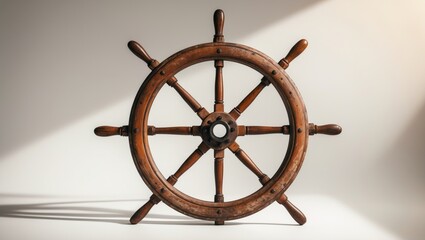 Old boat steering wheel set against a white backdrop.