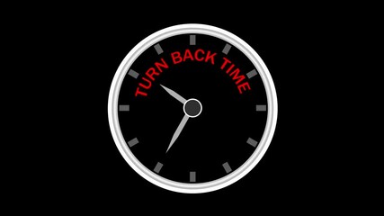 Turn Back Time Word or Text on Clock Moving Fast for Time Concept on Black Background.