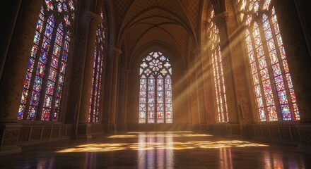 Sunlight streams through stained glass windows in a grand, ornate interior space with high ceilings.