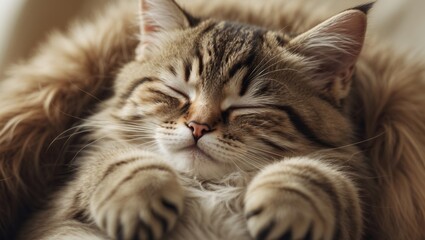 Obraz premium Delightful and humorous bird's-eye perspective of a pet cat with green eyes. The young animal is dozing and unwinding.