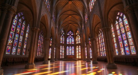 Sunlight streams through stained glass windows of an impressive church interior scene.