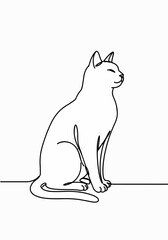 Simple and expressive line art illustration of a cat sitting calmly, designed in minimalist one-line drawing style.