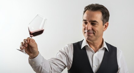 Man in vest holding red wine glass tasting and evaluating wine quality professional sommelier wine expert