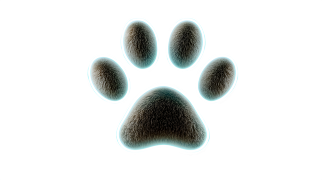 A glowing neon paw print icon in soft teal tones, symbolizing pets and companionship, isolated on white --ar 16:9 --v 7.0 --s 750