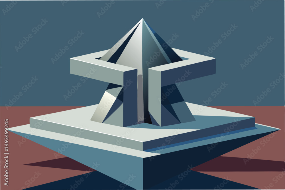 Poster Vector illustration of an abstract geometric monument with sharp angles and a minimalist design against a clear blue background