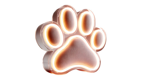 A glowing neon paw print icon in soft peach hues, celebrating pets and companionship, shown on white --ar 16:9 --v 7.0 --s 750
