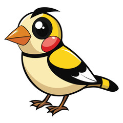 A stylized yellow and black cartoon bird has big eyes and is standing