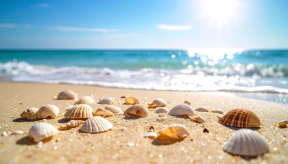 Seashells on Golden Sandy Beach Tranquil Summer Ocean View