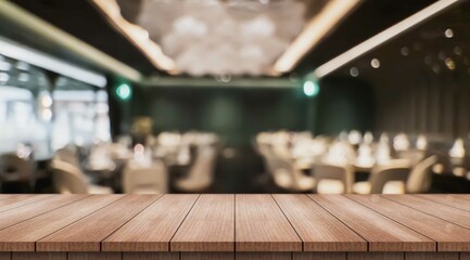 Empty wooden table top with lights bokeh on blur restaurant background.