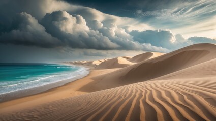 The natural scenery of clouds in gloomy weather and beautiful sandy dunes with ocean waves offers an ideal design backdrop.