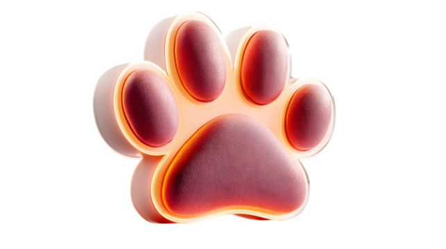 A glowing neon paw print icon in soft peach hues, celebrating pets and companionship, shown on white --ar 16:9 --v 7.0 --s 750