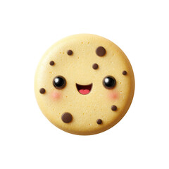 Fototapeta premium Cute smiling chocolate chip cookie with expressive eyes and a happy open mouth, decorated with chocolate chips and a playful face design, isolated on white background