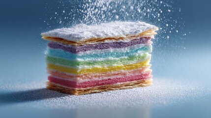 Rainbow mille-feuille pastry with clear layers, isolated backdrop, delicate powdered sugar dusting
