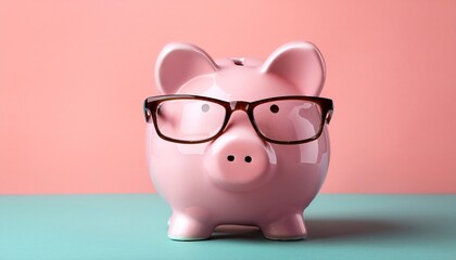 pink piggy bank with glasses on pastel background