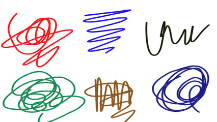 Colorful abstract doodles in red, green, blue, and brown scribbles on a transparent background. Representing creativity, spontaneity, or modern digital design elements