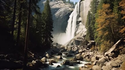 A stunning waterfall cascading down rocky terrain surrounded by lush green trees and autumn foliage.
