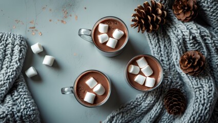 Fototapeta premium Top view of a Christmas setting featuring homemade hot chocolate. Winter drink. Cocoa flatlay. Comforting beverage.