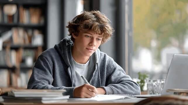 A young man with curly hair is sitting at a desk writing in a notebook with a laptop nearby and books