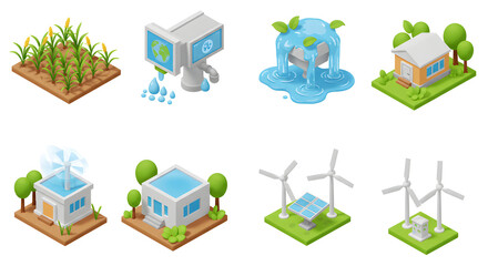 Fototapeta premium Isometric Sustainable Resources and Energy Concepts Including Water, Wind and Solar