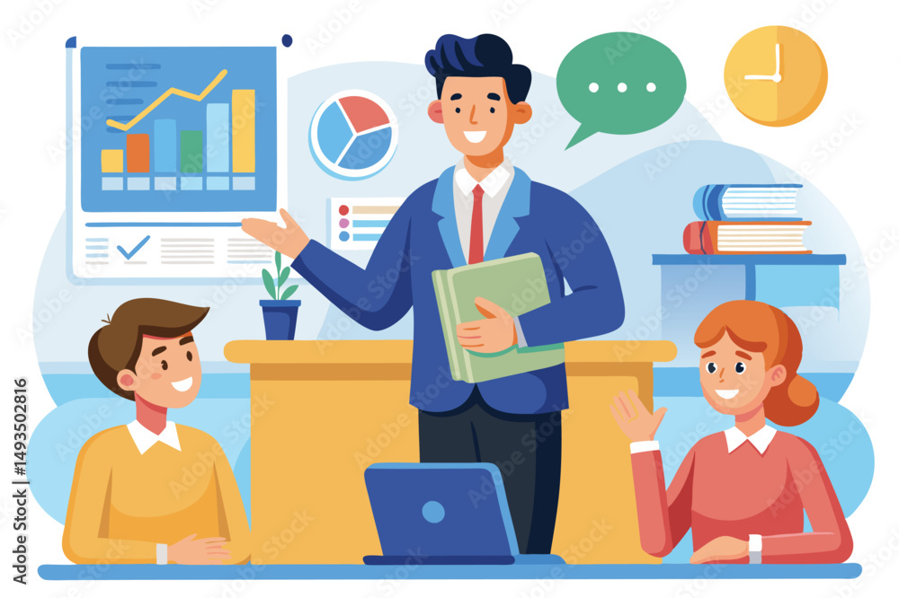 Poster professional business meeting with a man and a girl discussing data analysis and presentation in a b