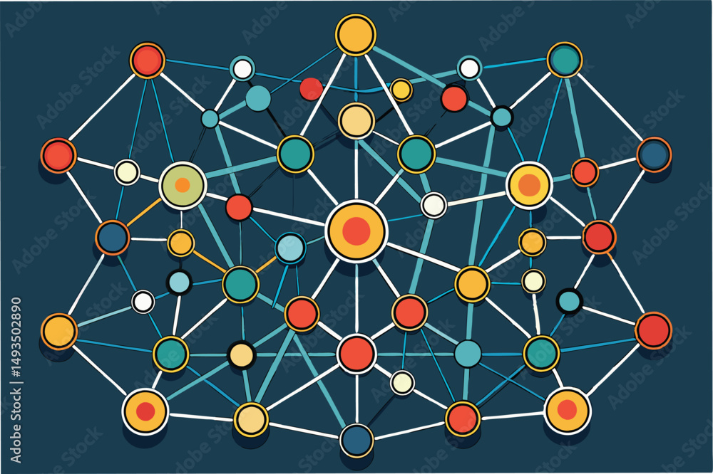 Poster colorful vector illustration of interconnected nodes representing a complex network structure on a l