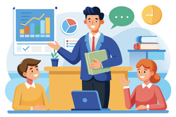 Professional business meeting with a man and a girl discussing data analysis and presentation in a bright office environment