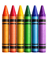 Six colorful crayons in orange red yellow green blue purple arranged in a row with water droplets on a white background for artistic creative drawing and colo tools