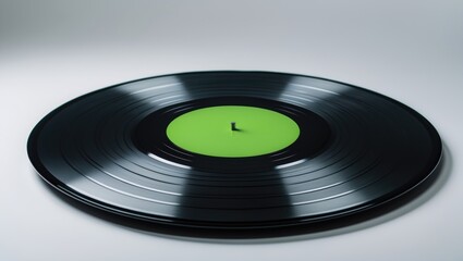 Detailed view of a black DJ vinyl record on a music player with a white background