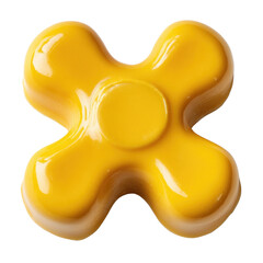 Close-up of a bright yellow plastic fidget spinner toy with smooth rounded edges and glossy surface isolated on a white background for stress relief and entertainment