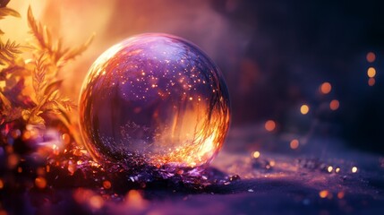 Mystical glowing crystal ball in forest floor surrounded by sparkling light and dark background contrast
