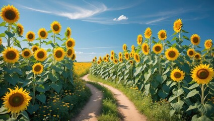 Fototapeta premium Trek across a sunflower field