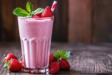 A strawberry milkshake with strawberries and mint on a table