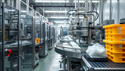 factory, industrial area, automation, technology, Machines for packing products Within the factory, sterile beauty industry in order to maintain maximum cleanliness.shallow focus effect, enhance. wi