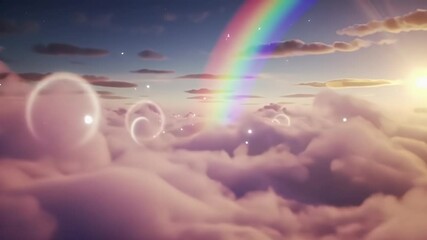 A fantasy-inspired animation of flying through a sea of pastel clouds at dawn, with rays of sunlight creating soft halos and a vivid rainbow stretching across the sky. - Powered by Adobe
