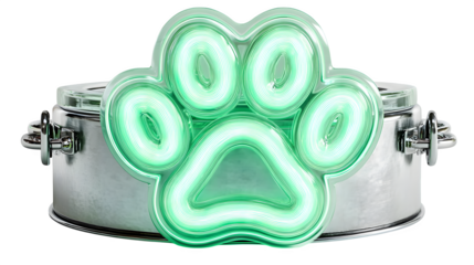 A glowing neon paw print in soft mint green tones, celebrating pets and companionship, isolated on white --ar 16:9 --v 7.0 --s 750
