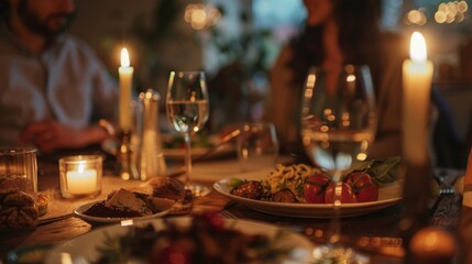 Naklejka premium A couple enjoying a candlelit dinner at home, focusing on the intimate setting and the personal, crafted meal.