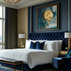 Modern luxury hotel room featuring refined color palette with elegant furnishings, including plush bed, stylish armchair, and decorative artwork, creating serene atmosphere